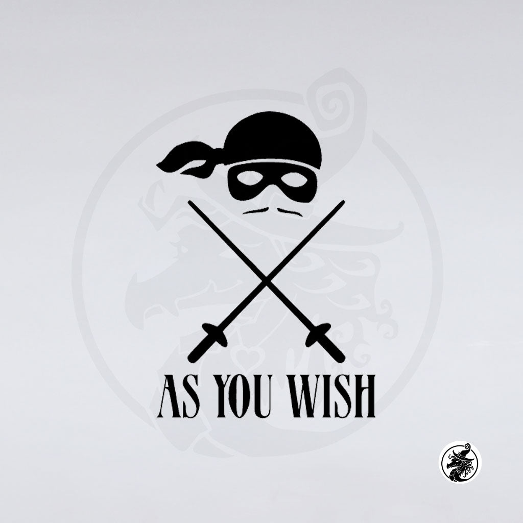 Black vinyl decal featuring a ninja skull and crossed swords design with the text 'AS YOU WISH' underneath, shown on a plain white background.
