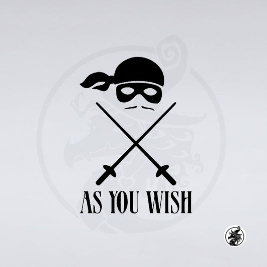 Black vinyl decal featuring a ninja skull and crossed swords design with the text 'AS YOU WISH' underneath, shown on a plain white background.
