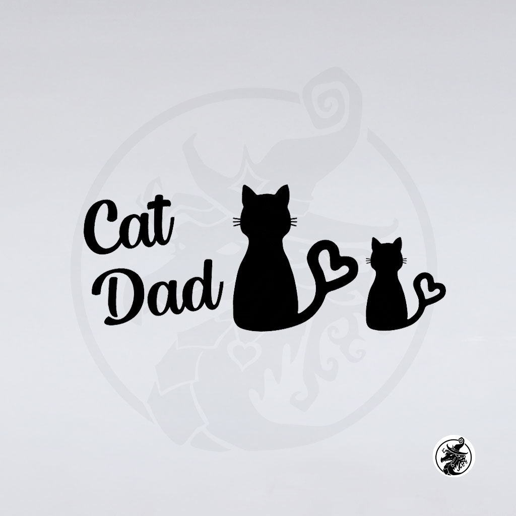 Black vinyl wall decal featuring the text 'Cat Dad' alongside silhouettes of a large cat and a small cat, each forming a heart shape with its tail, shown on a light gray background.