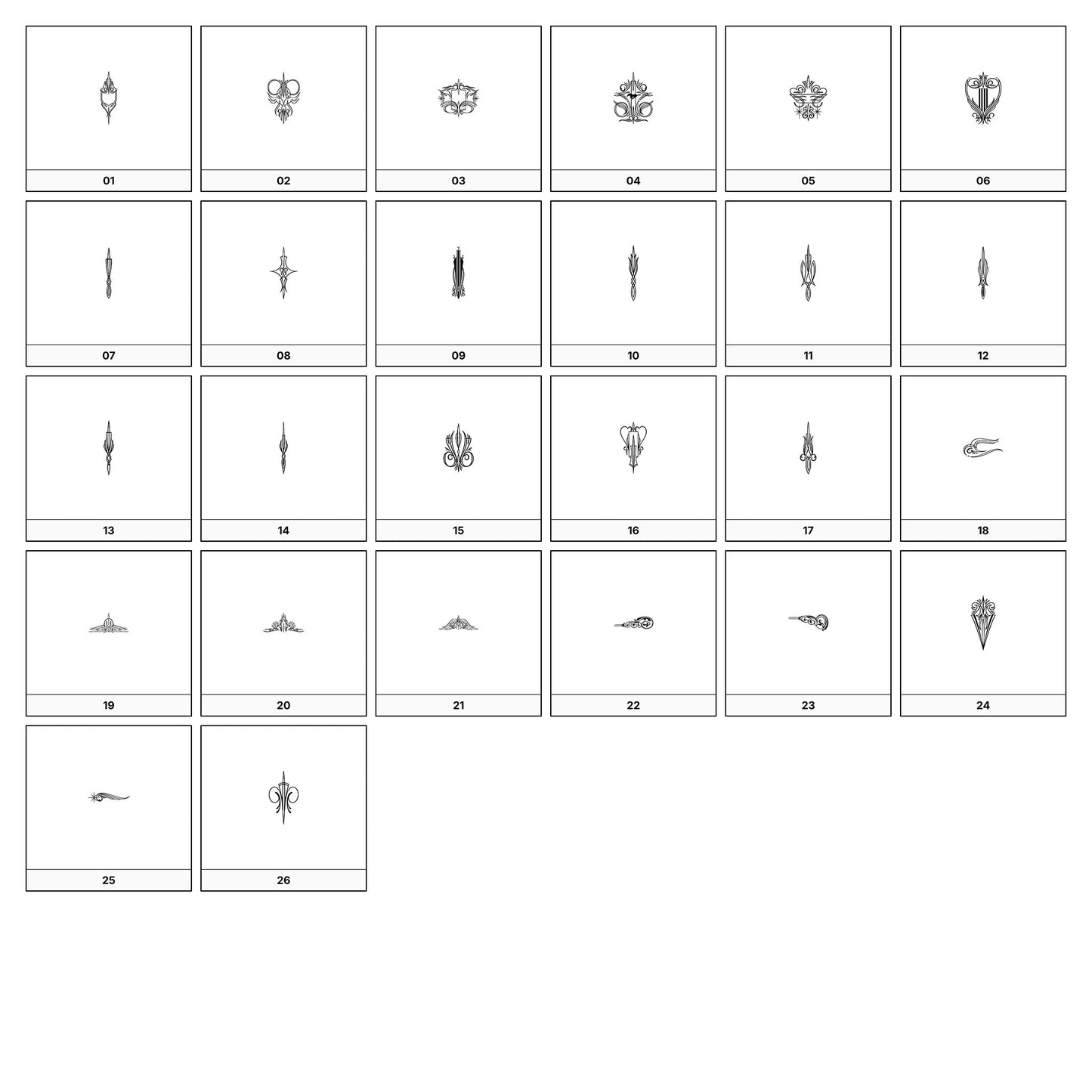A collection of intricate black and gray ornamental flourish designs, featuring swirling lines and curves, displayed on a white background in a grid formation.
