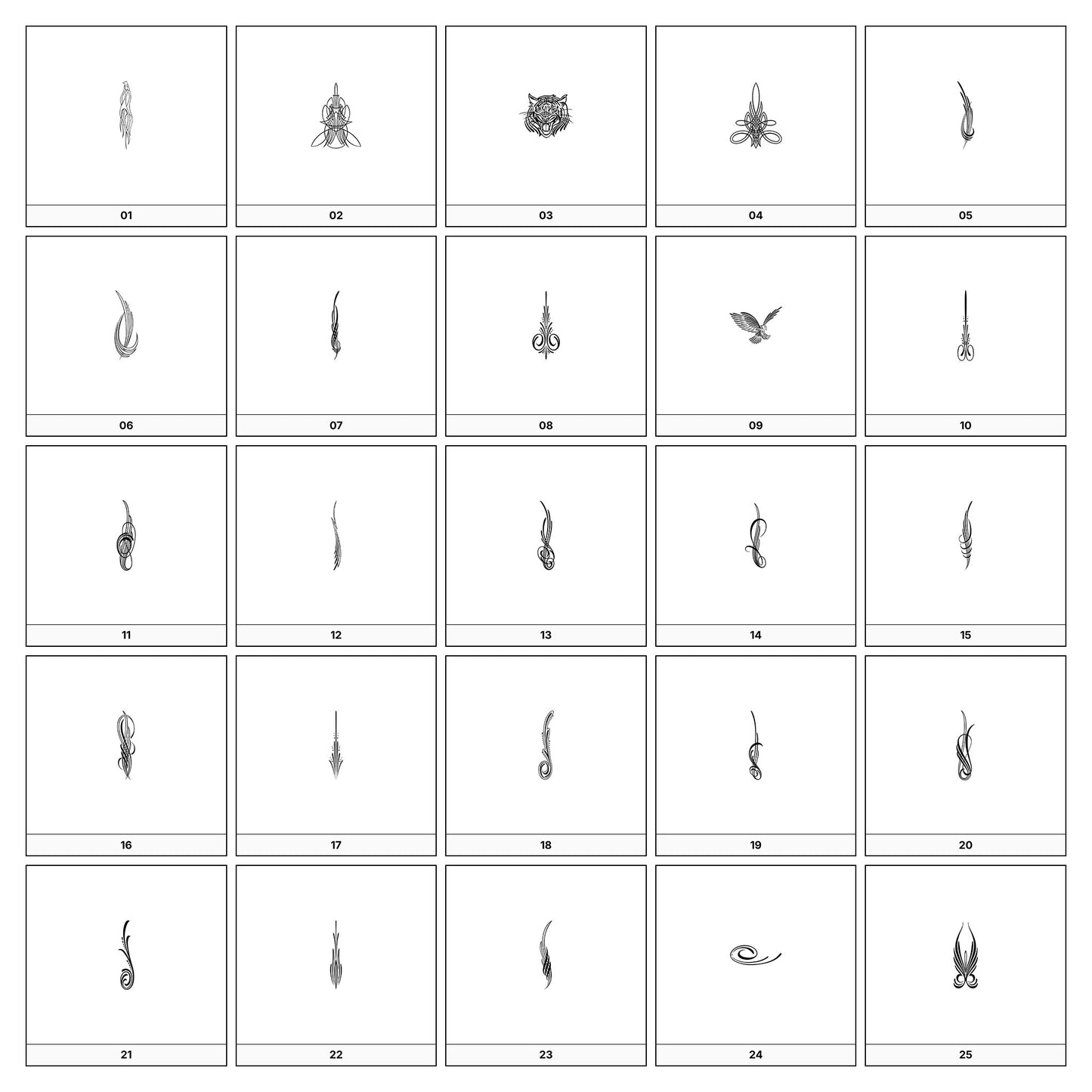 A collection of intricate black and gray ornamental flourish designs, featuring swirling lines and curves, displayed on a white background in a grid formation.