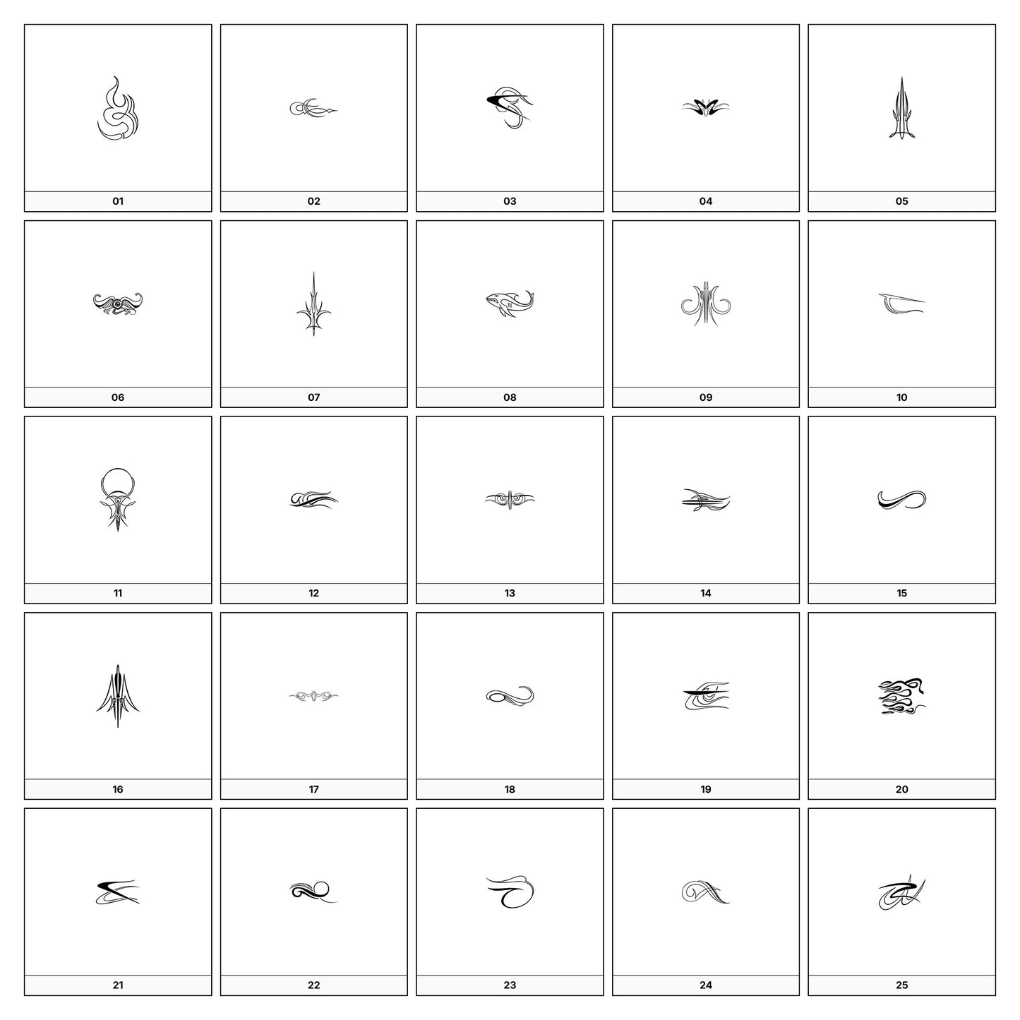 A collection of intricate black and gray ornamental flourish designs, featuring swirling lines and curves, displayed on a white background in a grid formation.