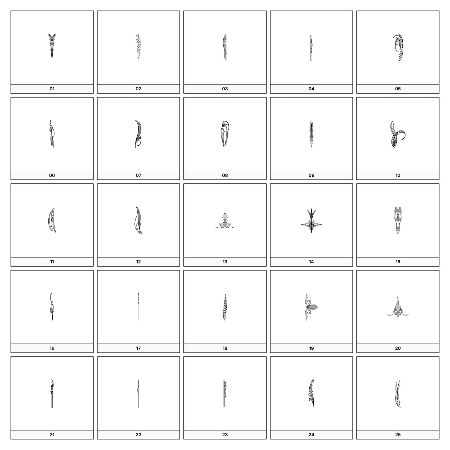 A collection of intricate black and gray ornamental flourish designs, featuring swirling lines and curves, displayed on a white background in a grid formation.