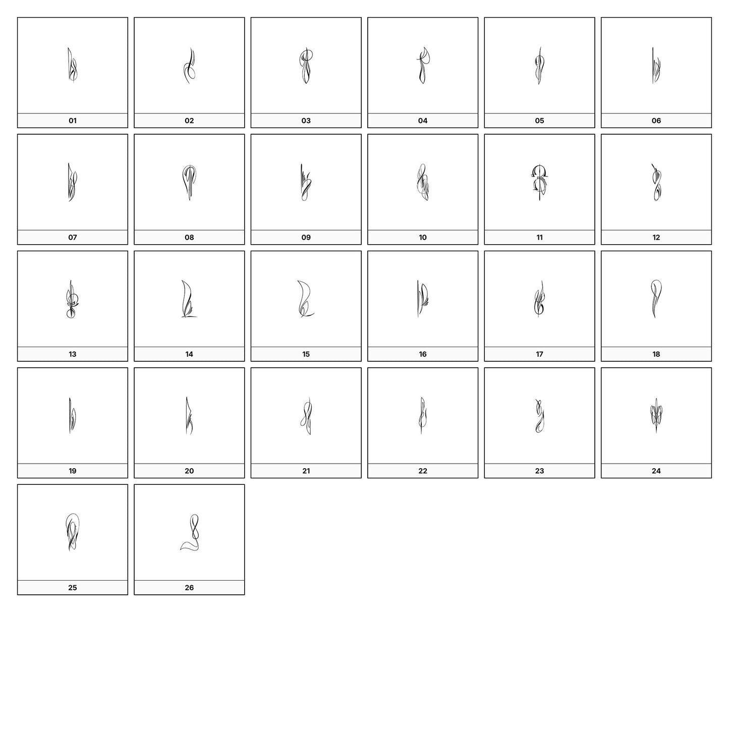 A collection of intricate black and gray ornamental flourish designs, featuring swirling lines and curves, displayed on a white background in a grid formation.