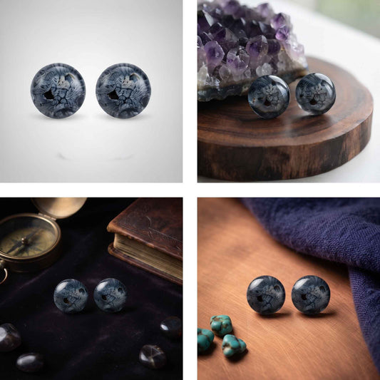 Denim Petri Ink Bloom Round Stud Earrings
