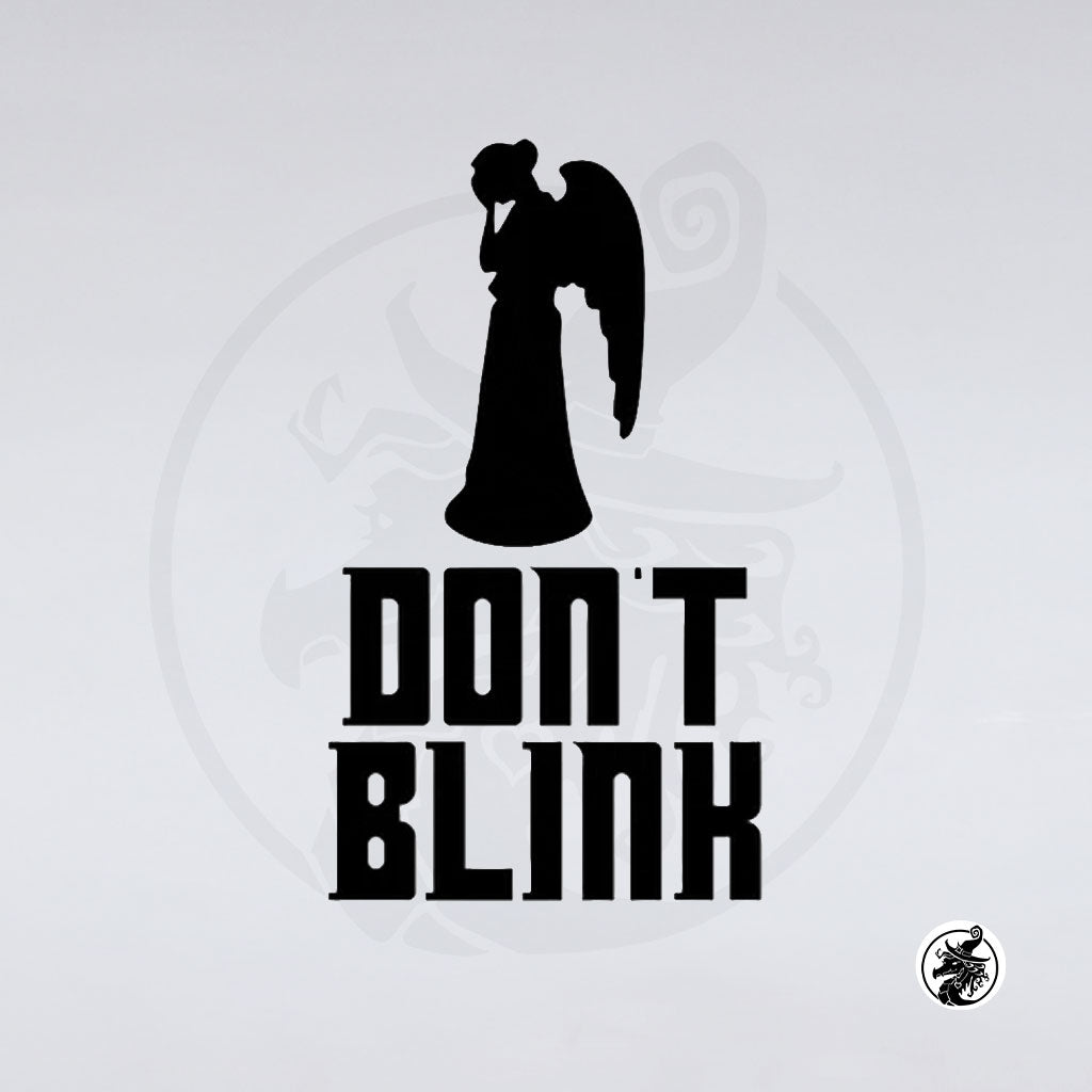 Silhouette of an weeping angel with 'Don't Blink' text on a white background