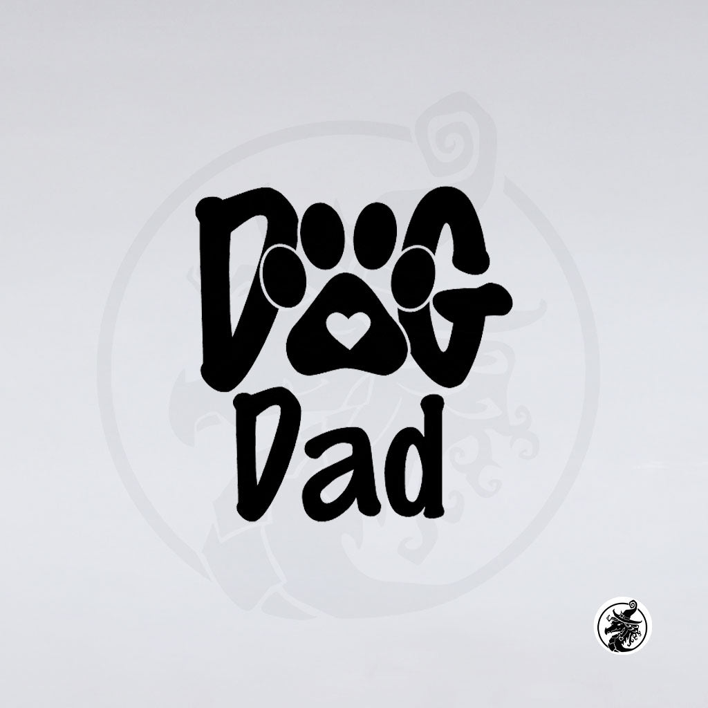 Black vinyl wall decal spelling 'Dog Dad' with the 'O' stylized as a paw print containing a heart, shown on a light gray background.