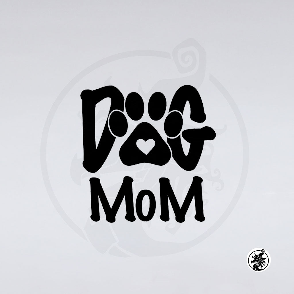 Black vinyl decal featuring the text 'DOG MOM' with a dog paw print graphic, shown on a light gray background.