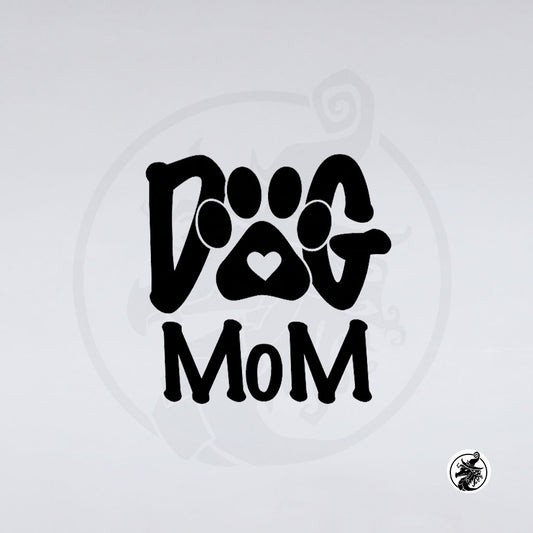 Black vinyl decal featuring the text 'DOG MOM' with a dog paw print graphic, shown on a light gray background.