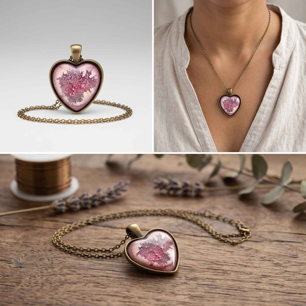 A heart-shaped pendant necklace with a pink floral design inside a bronze-toned bezel, shown in three views: on a plain background, worn on a model's neck, and styled on a wooden surface with lavender sprigs and a spool of wire.
