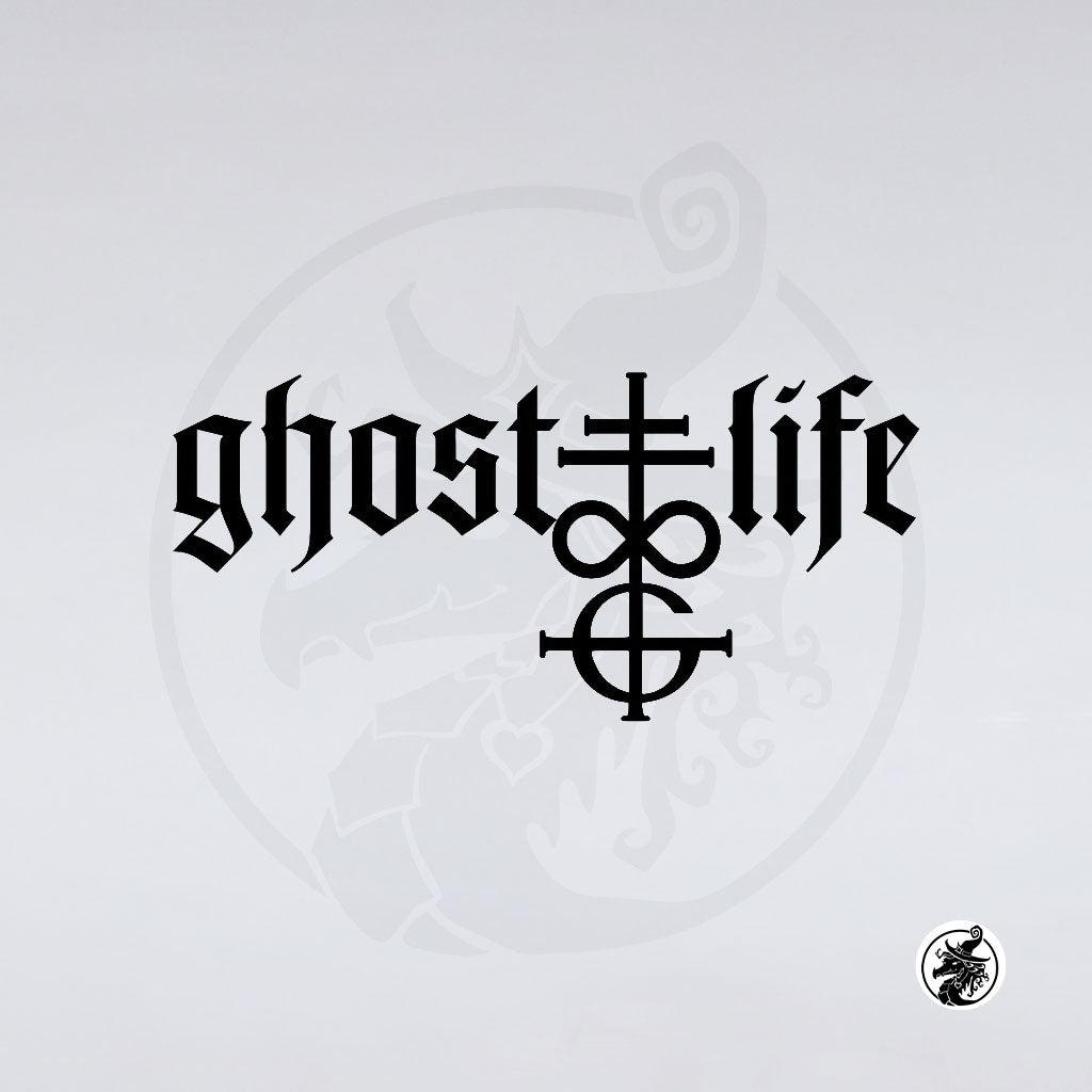 The Ghost Life vinyl decal by GorgeousDragon Designs LLC. features black gothic-style text with an ornate vertical cross/infinity symbol on a white background. Weatherproof and fade resistant for lasting style.