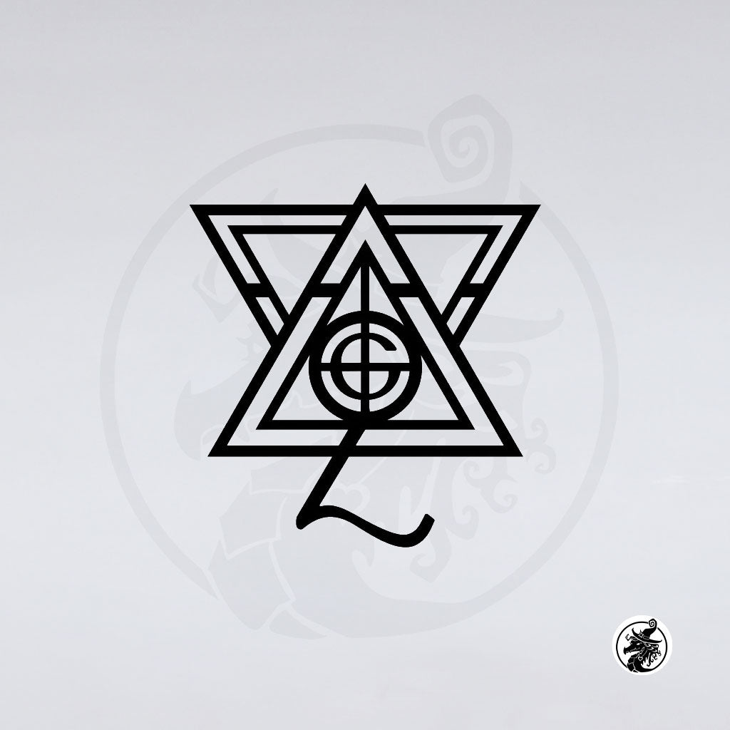 A geometric black-and-white design with overlapping triangles, a central circle, and a stylized ideal as a Papa Ghouls vinyl decal by GorgeousDragon Designs LLC., crafted from outdoor-grade vinyl.