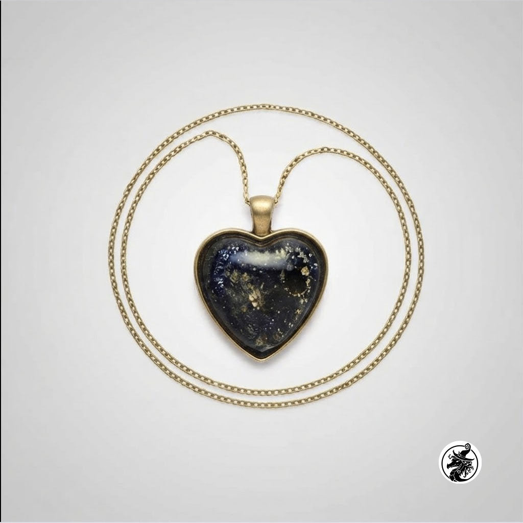 A heart-shaped pendant necklace with a dark blue and black galaxy design, set in a gold-tone frame and suspended from a delicate gold chain, shown against a light gray background.