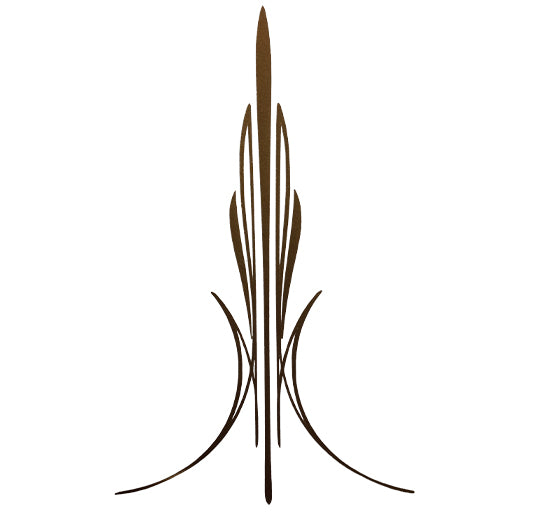 Pinstripe Vinyl Mowry - Style 12 by Gorgeous Drag0n features a symmetrical brown pinstripe design with curved lines and pointed, leaf-like shapes arranged vertically on a white background.