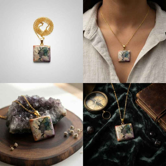 A four-panel collage showing a gold-tone pendant necklace with a square floral resin or stone pendant. The panels include a clean product shot, the necklace worn on a person's neck, the pendant displayed on a crystal cluster on a wooden surface, and the necklace styled with a compass and book on dark velvet.