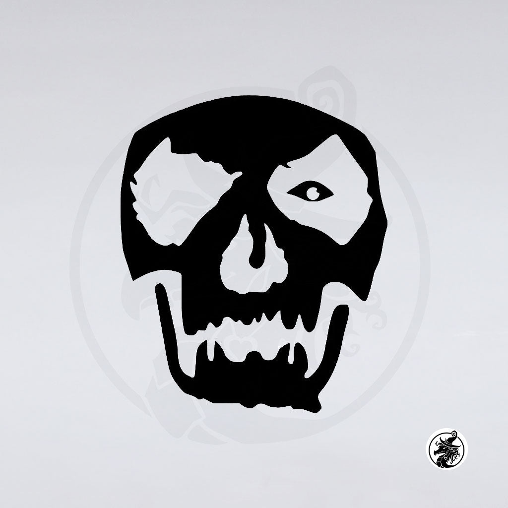 The Band Ghost Decals by GorgeousDragon Designs LLC. feature a black and white stylized skull with large eye sockets, sharp teeth, and bold outlines—perfect as a Papa Emeritus sticker or Ghost band vinyl decal.