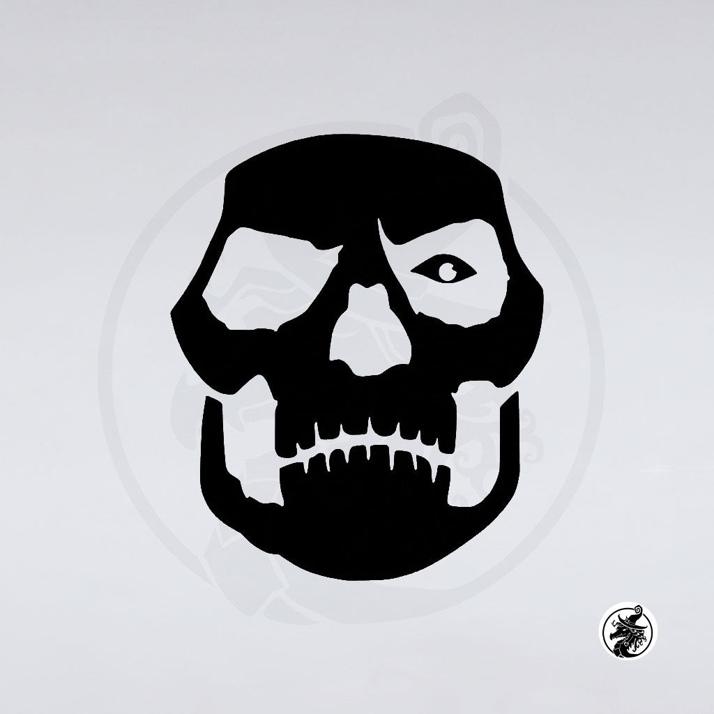 The Band Ghost Decals by GorgeousDragon Designs LLC. feature a black and white human skull with one irregular eye socket and a wide-open eye, perfect for heavy metal car graphics or bold vinyl decor on a plain white background.