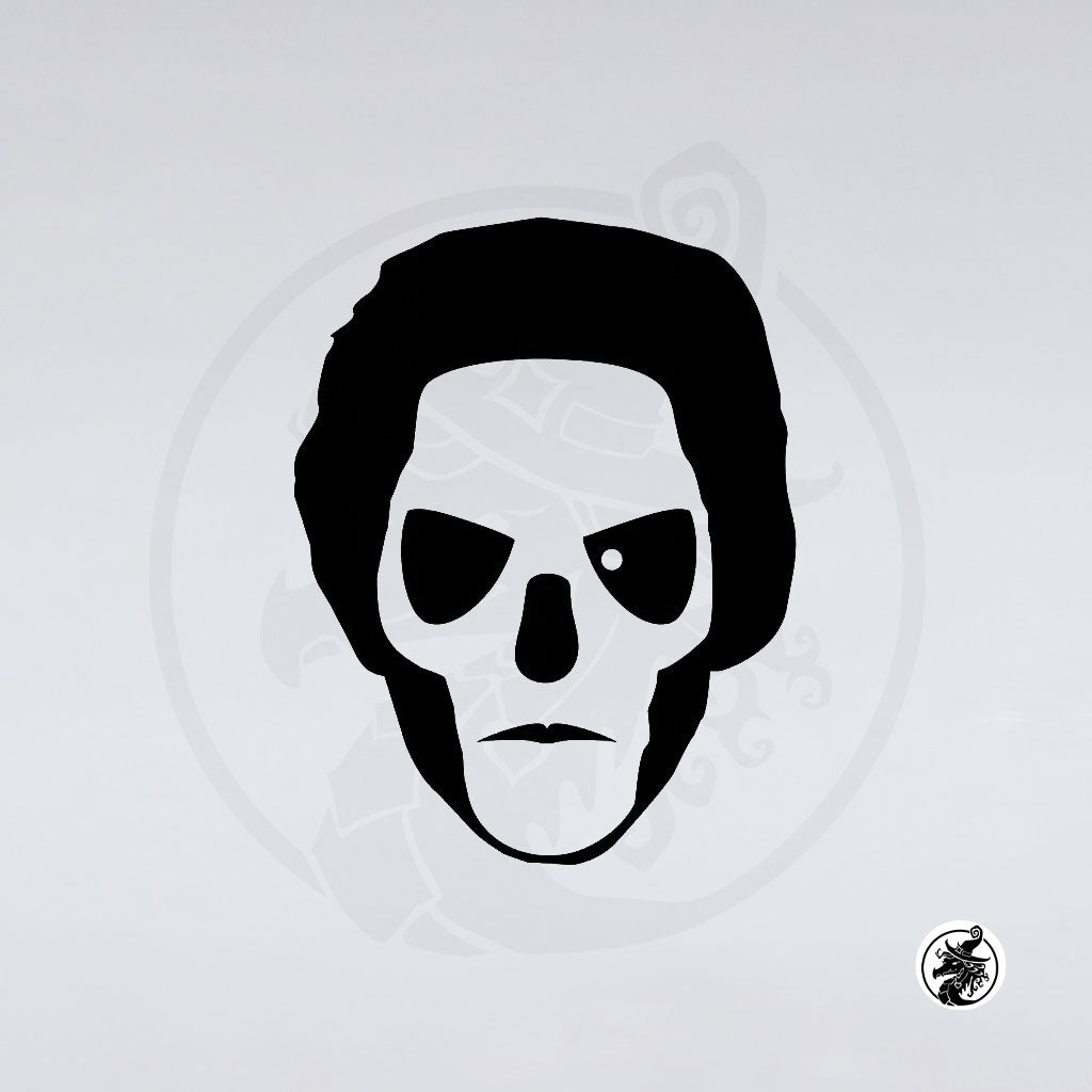 A black and white illustration of a face merging human and skull features, inspired by heavy metal car graphics, with hollow eyes and dark hair. "The Band Ghost Decals" by GorgeousDragon Designs LLC. on a plain white background.