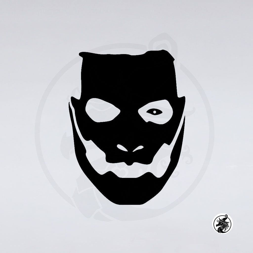 The Band Ghost Decals by GorgeousDragon Designs LLC. feature a black abstract face with large mouth, uneven eyes, and sharp cheek contours on white—ideal for fans seeking unique heavy metal car graphics or vinyl decals.