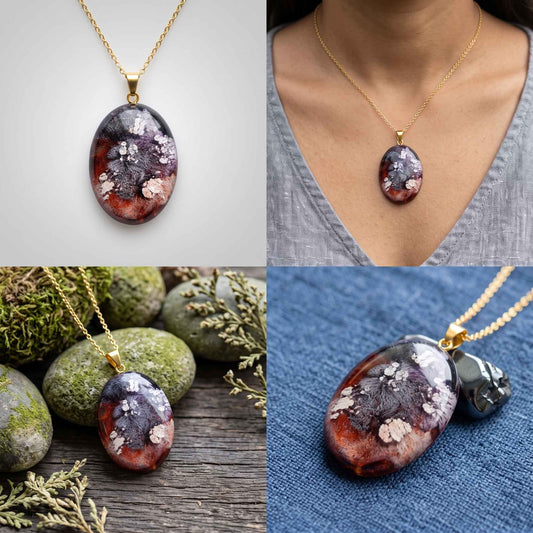 A collage showing an oval pendant necklace with a gold chain and a marbled stone pendant. The pendant has a pattern of reddish-brown, black, white, and gray.