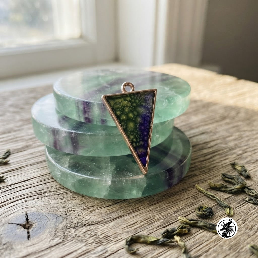 A triangular pendant with a green and purple fractal pattern and a bronze border, displayed on top of stacked green and purple agate slices on a rustic wooden surface.