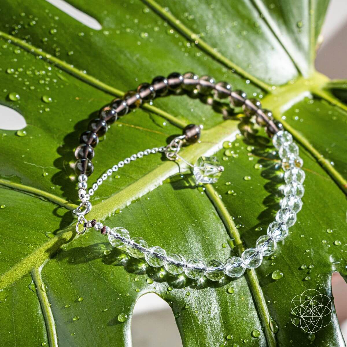 The Energy Shield Anklet by Conscious Items, featuring alternating dark and clear round beads for crystal protection and chakra balance, is displayed on a water-dappled green leaf with sunlight highlighting both the beads and textured leaf.