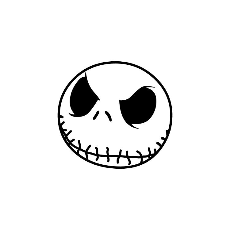 The Nightmare Before Christmas Decals by GorgeousDragon Designs LLC. feature a simple black and white face with large dark eye sockets, a small nose, and a stitched grin—perfect as weatherproof vinyl stickers for your car window.