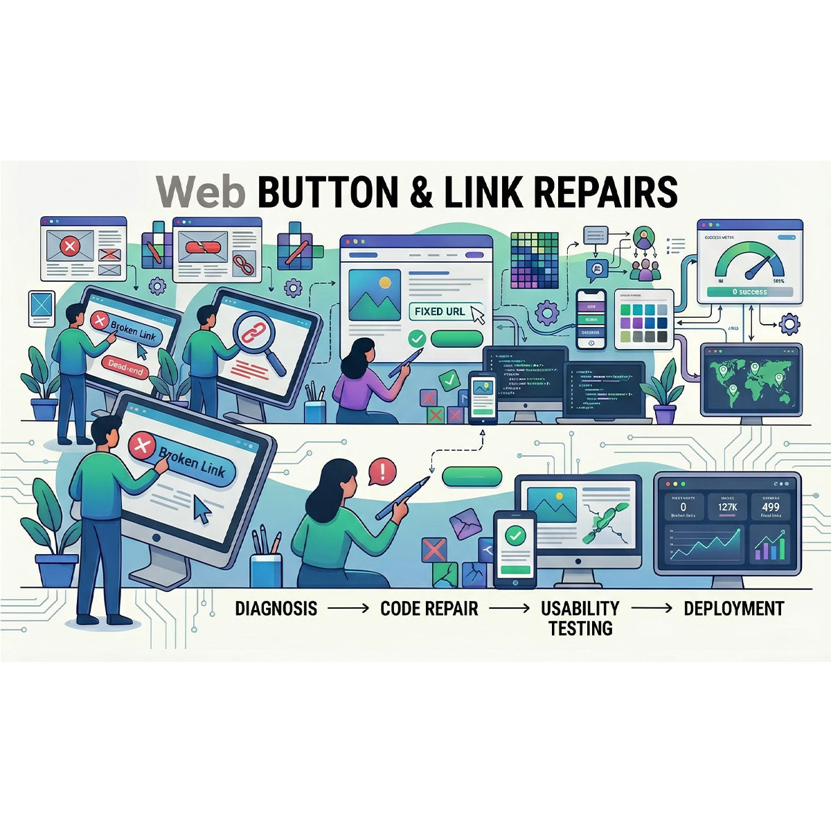 Website page for web button and link repairs with illustrations of people working on computers.