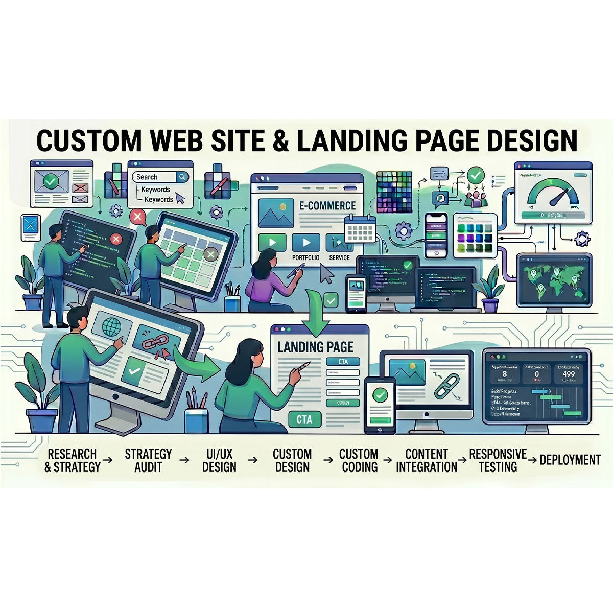 Website design and development services with a diagram of the design process.