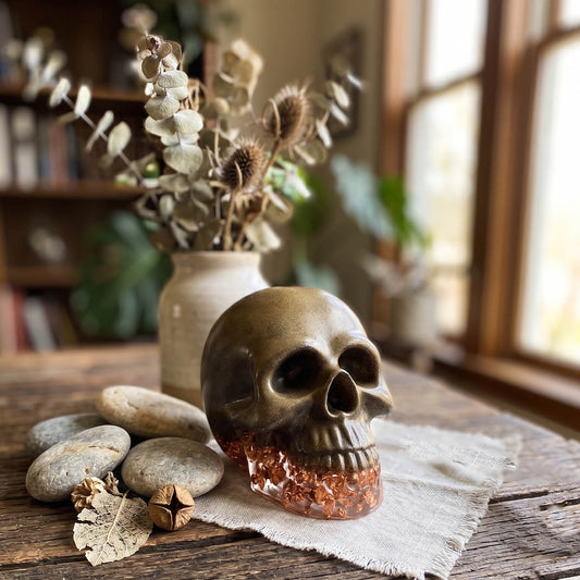 The Brass Infused Distressed Skull Paperweight by GorgeousDragon Designs LLC. rests on cloth beside smooth stones and dried leaves—an eye-catching gothic accent or unique office desk accessory, with dried flowers and a blurred bookshelf behind.
