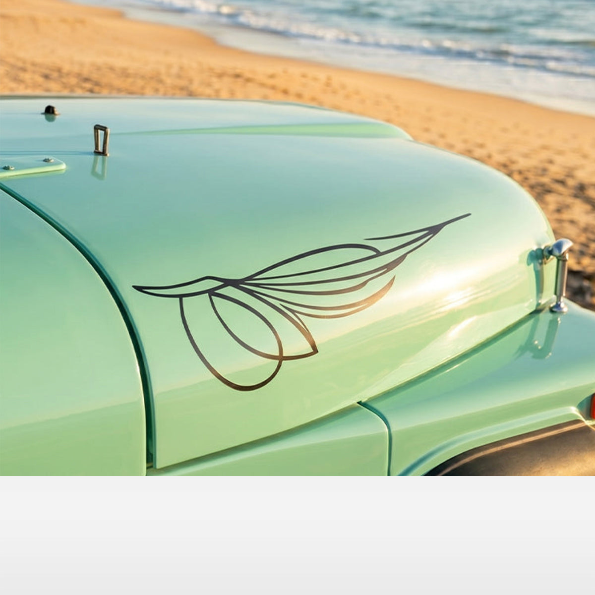 Light green vehicle with a leaf design on a beach with ocean and mountains in the background