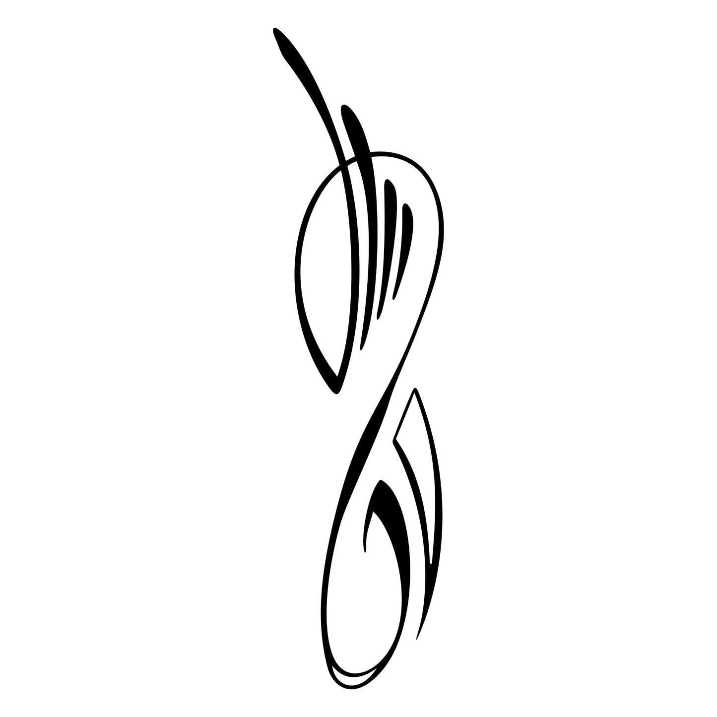 A stylized, abstract black line drawing forming an elegant, symmetrical shape with curves and loops, resembling a combination of a treble clef and floral elements on a white background.