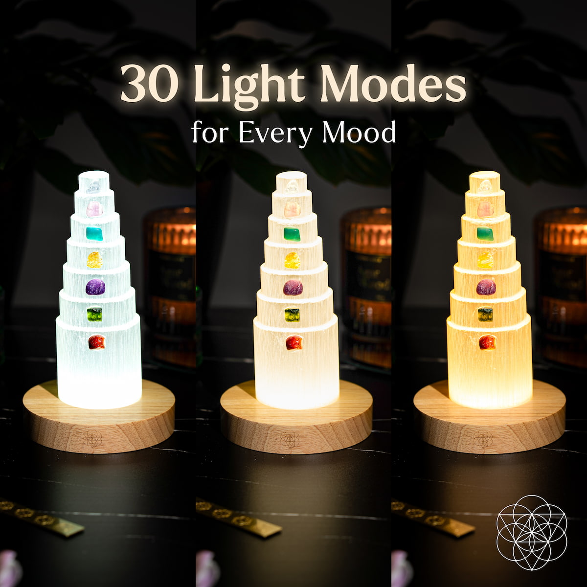 Three Conscious Items Stress Shield Lamps—7 Stones of Healing—glow in cool white, multicolor, and warm yellow on wooden bases. Text: 30 Light Modes for Every Mood. A candle and decor enhance this crystal healing lamp setup.