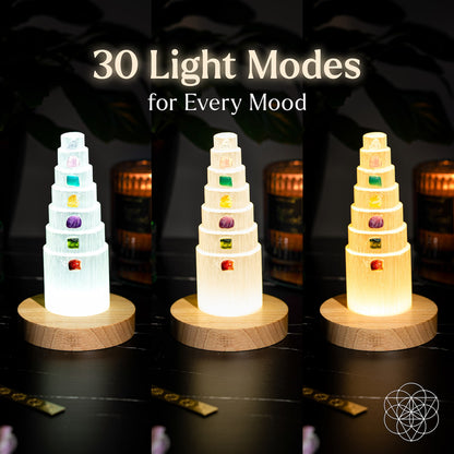 Three Conscious Items Stress Shield Lamps—7 Stones of Healing—glow in cool white, multicolor, and warm yellow on wooden bases. Text: 30 Light Modes for Every Mood. A candle and decor enhance this crystal healing lamp setup.