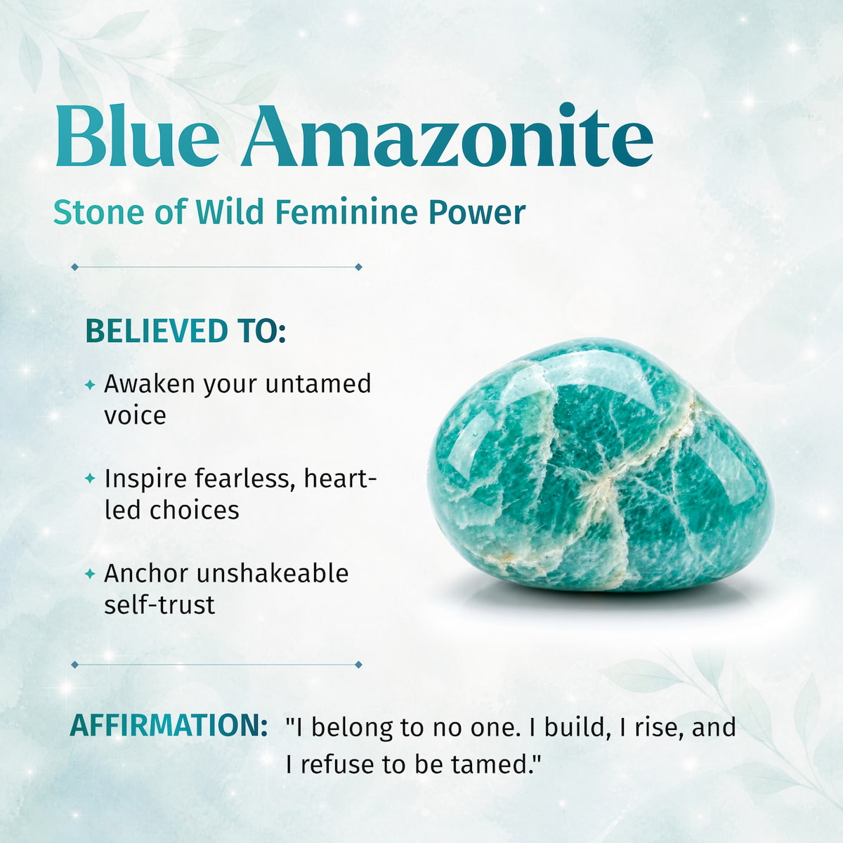 Empire of Her Own – Premium Blue Amazonite Bracelet from Conscious Items rests on a dreamy background, hailed as the Stone of Wild Feminine Power. Inspired by Amazon warriors, it symbolizes rebellion, independence, and resilience.
