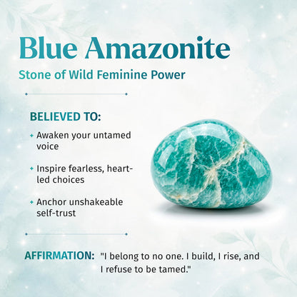 Empire of Her Own – Premium Blue Amazonite Bracelet from Conscious Items rests on a dreamy background, hailed as the Stone of Wild Feminine Power. Inspired by Amazon warriors, it symbolizes rebellion, independence, and resilience.