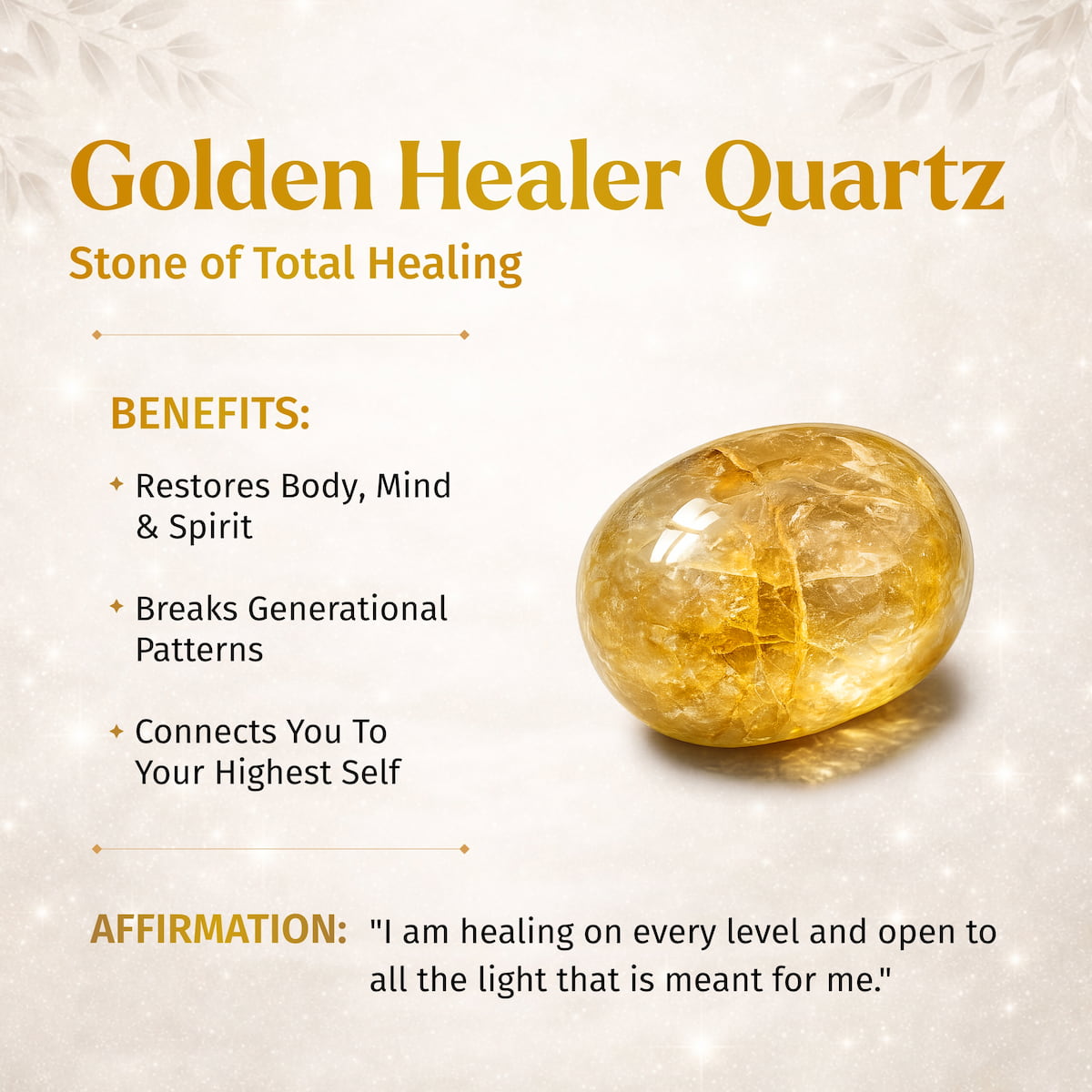 The Master Reset – Golden Healer Quartz Bracelet by Conscious Items is featured with text on its healing and spiritual benefits, plus an affirmation about embracing light and the gemstone’s transformative power.