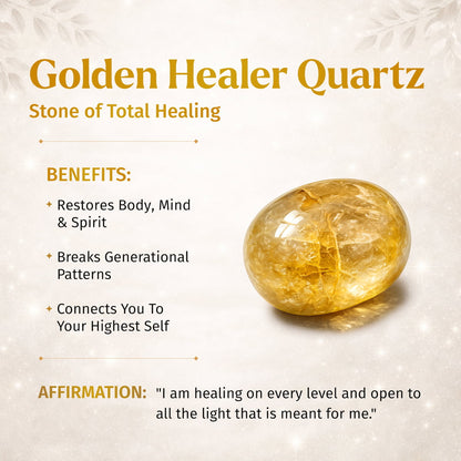 The Master Reset – Golden Healer Quartz Bracelet by Conscious Items is featured with text on its healing and spiritual benefits, plus an affirmation about embracing light and the gemstone’s transformative power.