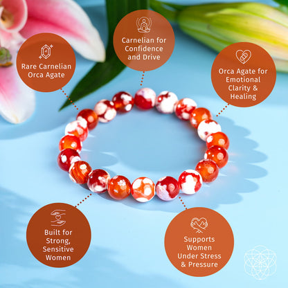 The Feminine Force – Carnelian Orca Agate Bracelet by Conscious Items is shown on a blue surface with pink lilies. Labeled text highlights its rare orca agate, designed for women seeking stress relief, confidence, and emotional healing.