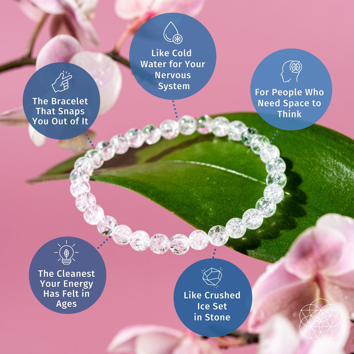 The Emotional Ice Bath – The Ice Quartz Bracelet | 6mm by Conscious Items rests on a pink surface with orchids, while blue bubbles highlight benefits like calming the nervous system, boosting energy clarity, and supporting emotional clarity.