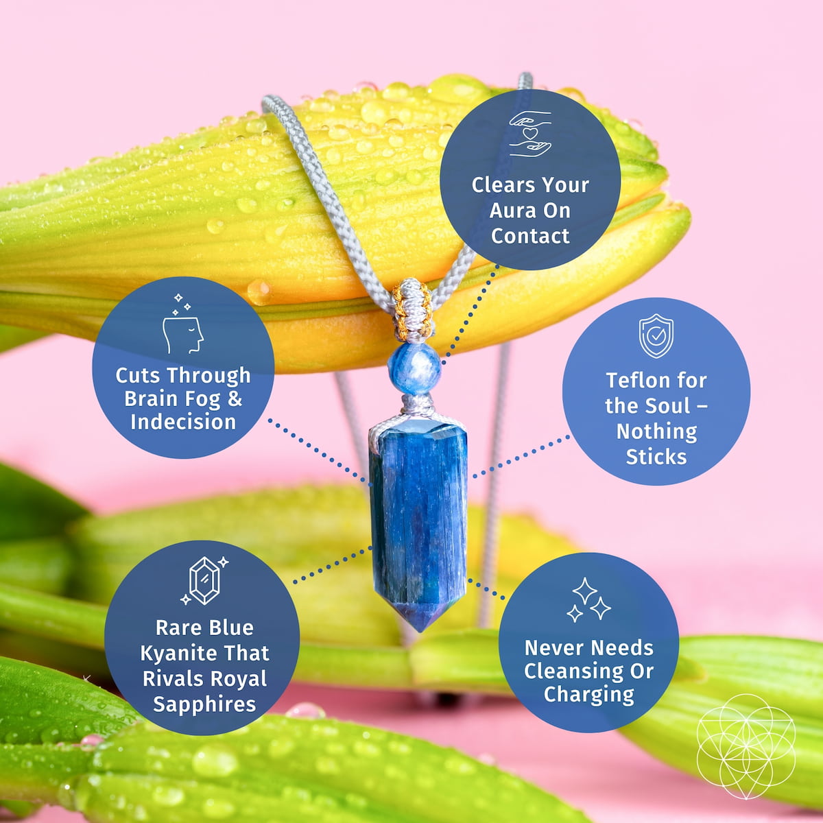 The Aura Shield - Rare Kyanite Pendant by Conscious Items is shown on a silver chain against a yellow flower, with bubbles noting its benefits: energy reset, throat chakra balance, aura clearing, clarity, and no need to cleanse or charge.