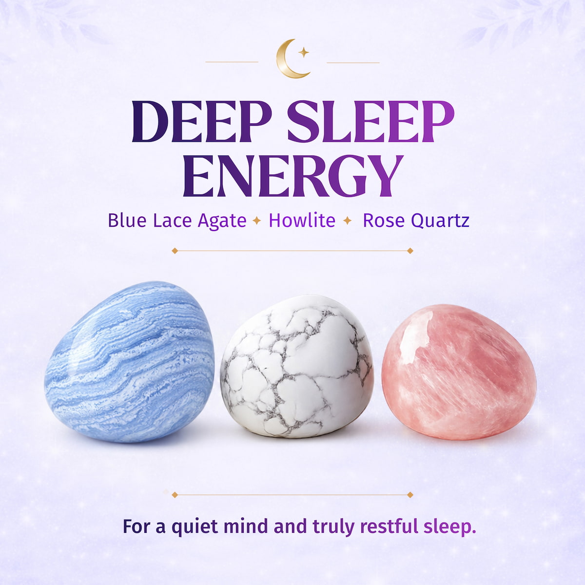 The “3AM Thoughts Off - Deep Sleep Trio Bracelet” by Conscious Items features calming blue lace agate, howlite, and rose quartz stones on a pale purple background with “Deep Sleep Energy” above them.