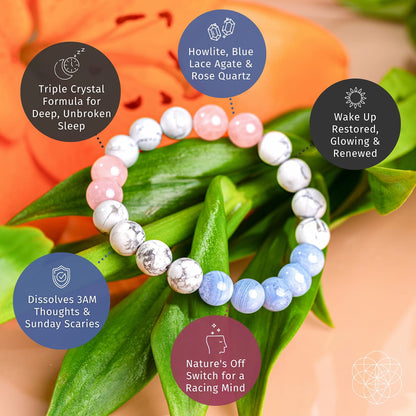 The Conscious Items 3AM Thoughts Off - Deep Sleep Trio Bracelet, featuring pink, white, and blue beads, rests on green leaves. Bubbles note Howlite, Blue Lace Agate & Rose Quartz—calming stones for restful sleep and a peaceful mind.