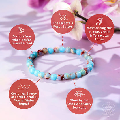 The Conscious Items Empath’s Shield – Aqua Terra Jasper Bracelet | 6mm rests on a soft surface with pink orchids, while circular callouts highlight its grounding, calming energy, auric protection, emotional detox, and unique colors.