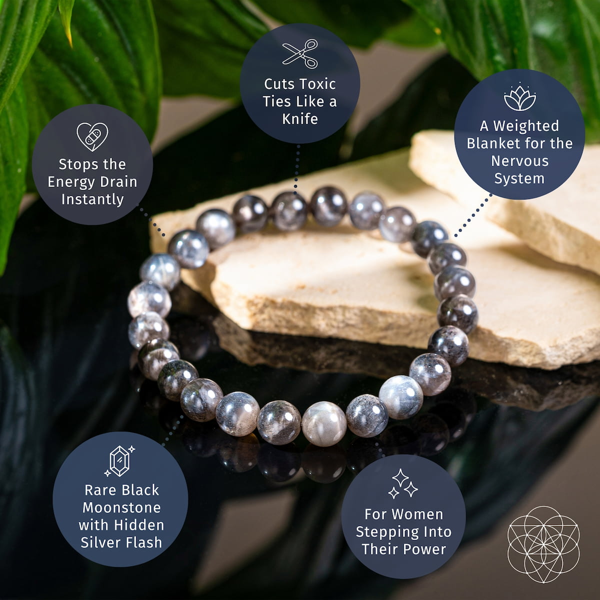The Empath’s Cord Cutter – Black Moonstone Bracelet by Conscious Items is displayed on a natural surface with plant leaves, featuring text bubbles highlighting its benefits: energetic boundary protection, nervous system support, and empowering new beginnings.
