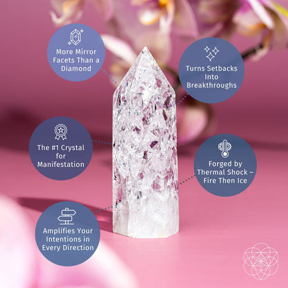 The Limitless Manifestation - Ice Quartz Point by Conscious Items stands upright on a pink surface, with informational bubbles showcasing its mirror facets, omni-directional manifestation, amplifier abilities, resilience booster traits, and thermal shock formation.