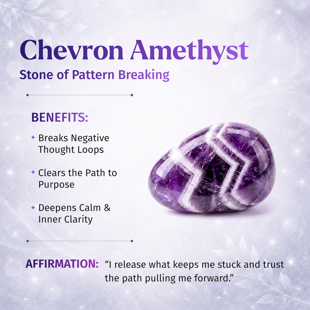 Cycle Breaker - Chevron Amethyst Point of Transformation by Conscious Items features white zigzag patterns on purple, offering stress relief, clarity of purpose, and deep calm—a perfect sleep stone with a soothing affirmation.