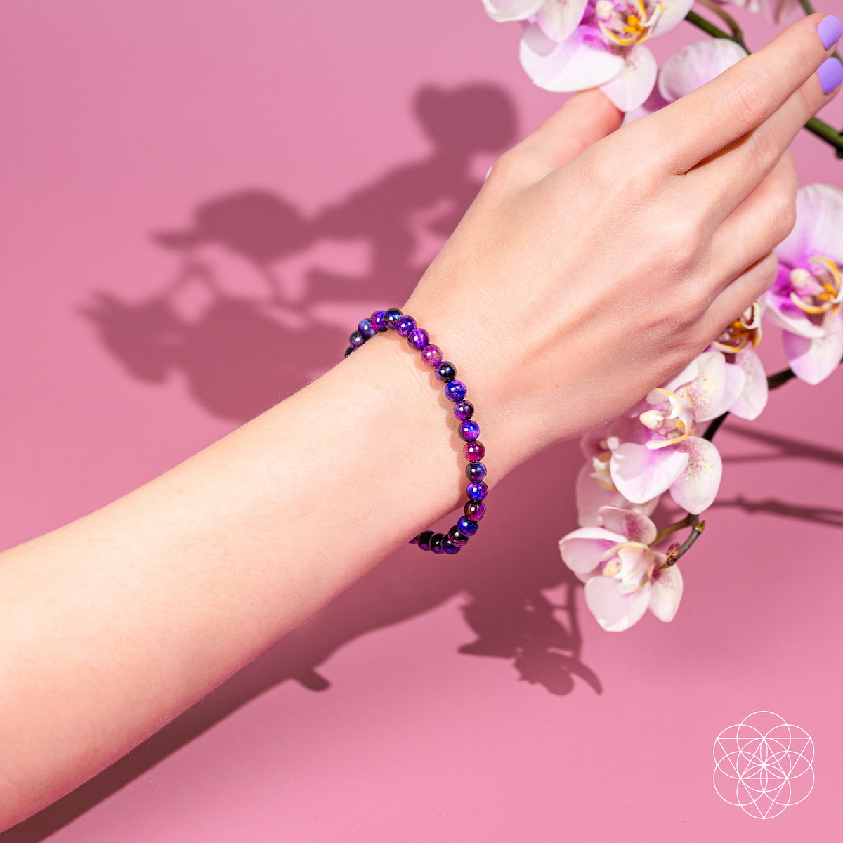A hand wearing the Destiny Activator - All-Galaxy Tiger’s Eye Bracelet | 6mm by Conscious Items reaches toward a cluster of white and pink orchids set against a pink background.