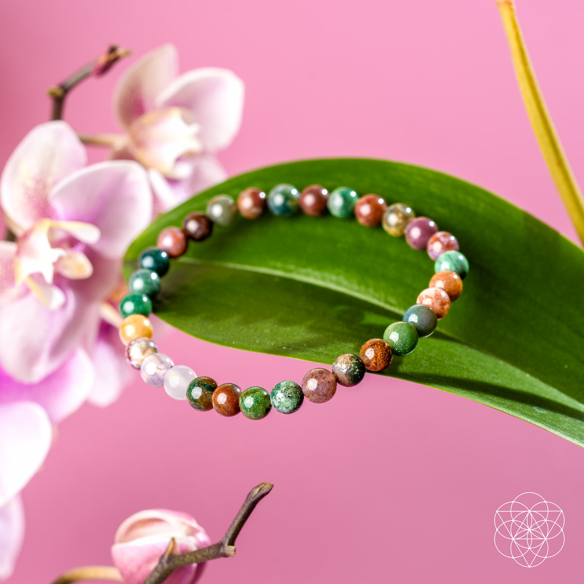 The Energy Bracelet | 6mm by Conscious Items, featuring vibrant Indian Agate beads, is displayed on a green leaf with pink orchids and a soft pink backdrop. A white geometric logo in the corner represents emotional strength and positivity.