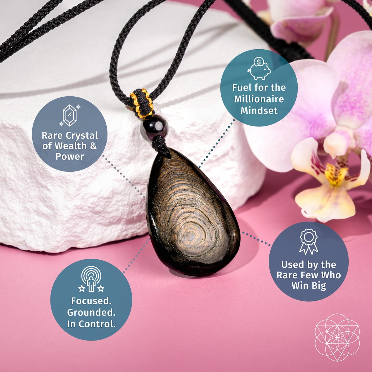 The Hypersthene Millionaire Manifestation Pendant by Conscious Items is shown on a white stone with a black cord, icons for rarity, focus, and wealth around it—your ultimate stone for manifesting abundance. Pink background, orchid nearby.